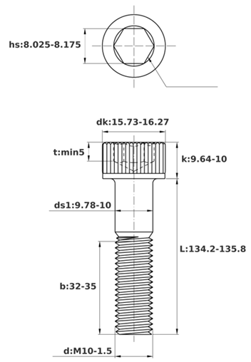 Bản vẽ kỹ thuật Lục Giác Chìm Đầu Trụ Thép Đen 12.9 DIN912 M10x135 Ren Lửng