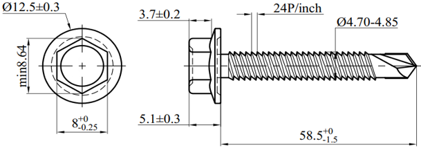 Bản vẽ kỹ thuật Vít Tôn Đầu Lục Giác MS-PRO 4.8x60mm (200 Cái)