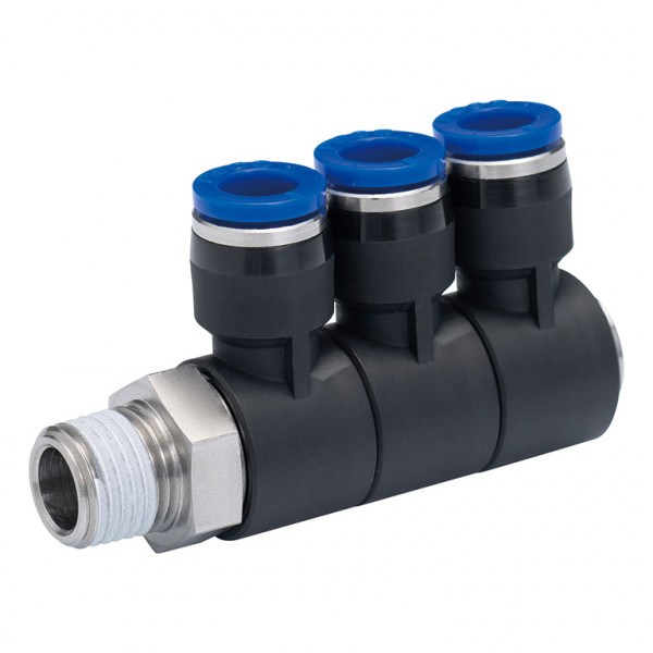 Đầu Nối Nhanh Khí Nén Ba Nhánh Cong 90° Thân Lục Giác Trụ Ren Ngoài Pisco SPHT12-02