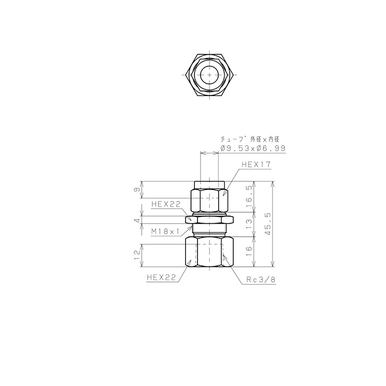 Bản vẽ kỹ thuật Đầu Ngạnh Nối Ống Có Đai Ốc Xiết Dạng Lắp Vách Ren Trong Pisco NSMF3/8-03