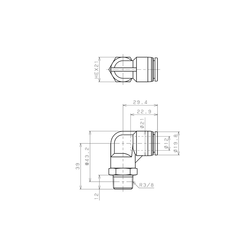 Bản vẽ kỹ thuật Đầu Nối Nhanh Khí Nén Dạng Cong 90° Ren Ngoài Pisco SPPL12-03SP