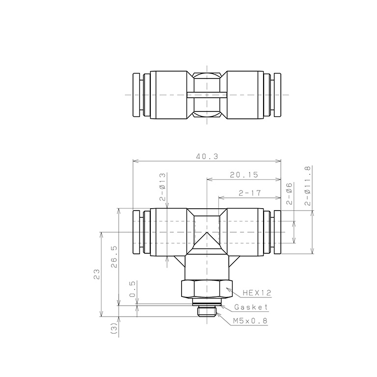 Bản vẽ kỹ thuật Đầu Nối Nhanh Khí Nén Dạng Chữ T Ren Ngoài Pisco SPPB6-M5SP