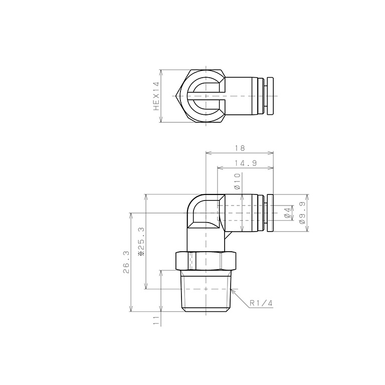 Bản vẽ kỹ thuật Đầu Nối Nhanh Khí Nén Dạng Cong 90° Ren Ngoài Pisco SPPL4-02