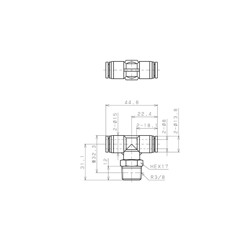 Bản vẽ kỹ thuật Đầu Nối Nhanh Khí Nén Dạng Chữ T Ren Ngoài Pisco SPPB8-03SP
