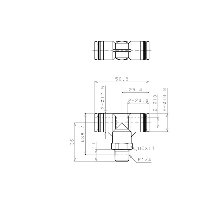 Bản vẽ kỹ thuật Đầu Nối Nhanh Khí Nén Dạng Chữ T Ren Ngoài Pisco PPB10-02-F