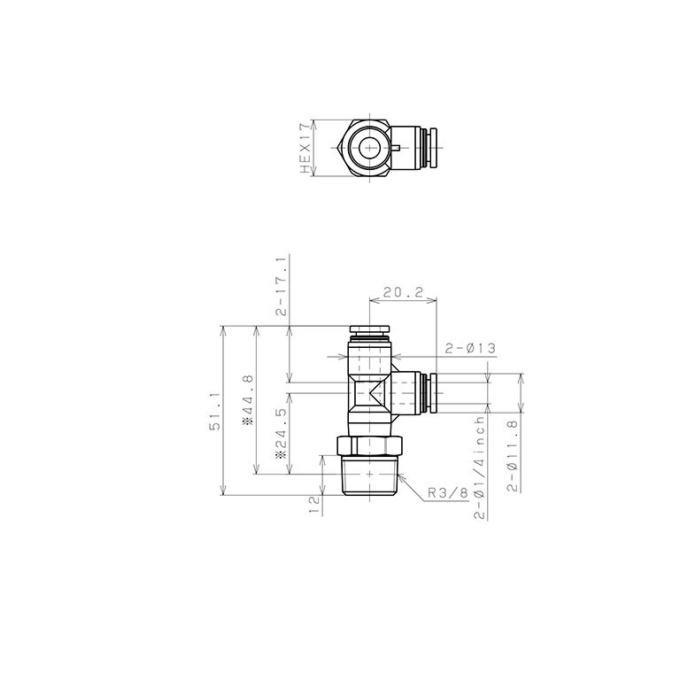 Bản vẽ kỹ thuật Đầu Nối Nhanh Khí Nén Dạng Chữ T Ren Ngoài Pisco PPD1/4-03