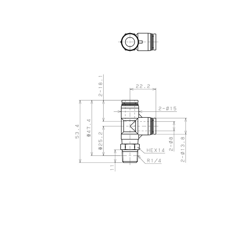 Bản vẽ kỹ thuật Đầu Nối Nhanh Khí Nén Dạng Chữ T Ren Ngoài Pisco PPD8-02SUS