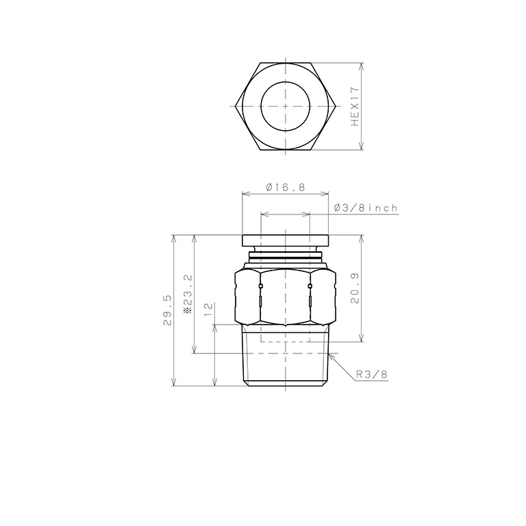 Bản vẽ kỹ thuật Đầu Nối Nhanh Khí Nén Dạng Thẳng Thân Lục Giác Ren Ngoài Pisco PPC3/8-03SUS-S-UC