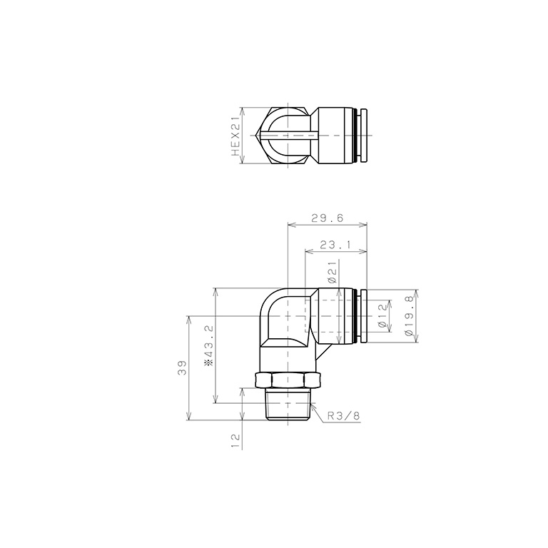 Bản vẽ kỹ thuật Đầu Nối Nhanh Khí Nén Dạng Cong 90° Ren Ngoài Pisco PL12-03SUS