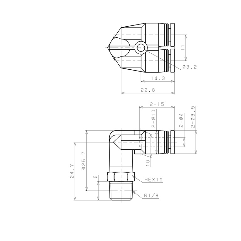Bản vẽ kỹ thuật Đầu Nối Nhanh Khí Nén Hai Nhánh Cong 90° Ren Ngoài Pisco PAX4-01SUS