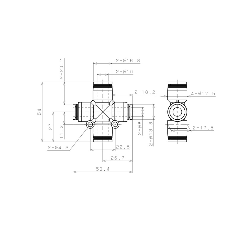 Bản vẽ kỹ thuật Đầu Nối Nhanh Khí Nén Ngã 4 Dạng Nối Giảm Pisco PZB10-8-C