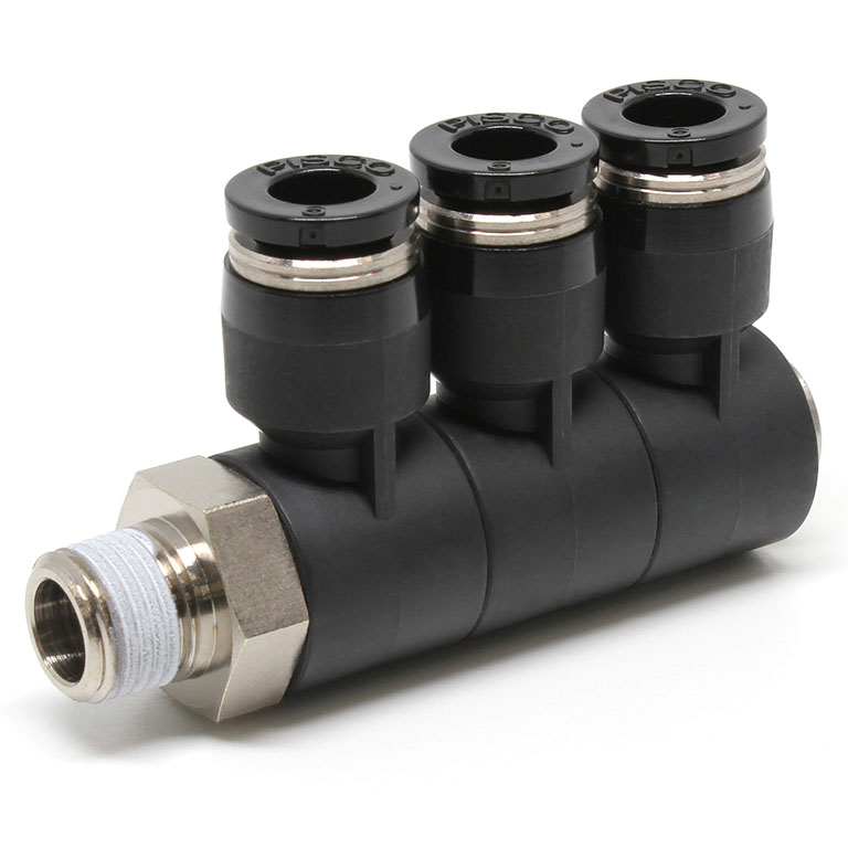 Đầu Nối Nhanh Khí Nén Ba Nhánh Cong 90° Thân Lục Giác Trụ Ren Ngoài Pisco PHT1/4-N1U