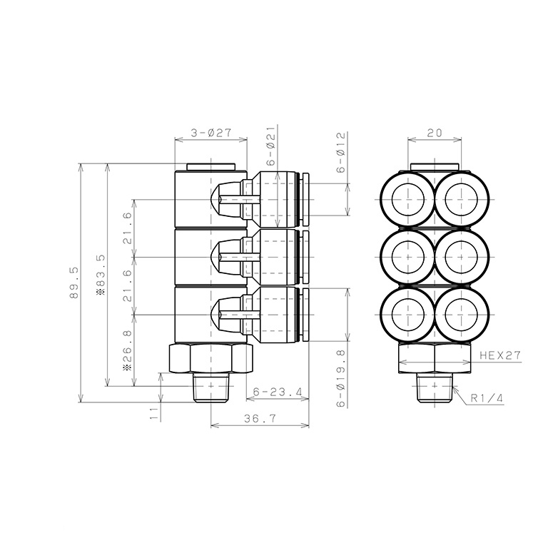 Bản vẽ kỹ thuật Đầu Nối Nhanh Khí Nén Sáu Nhánh Cong 90° Thân Lục Giác Trụ Ren Ngoài Pisco PAT12-02-C