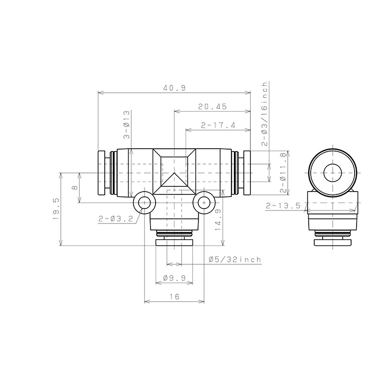 Bản vẽ kỹ thuật Đầu Nối Nhanh Khí Nén Chữ T Dạng Nối Giảm Pisco PEG3/16-5/32