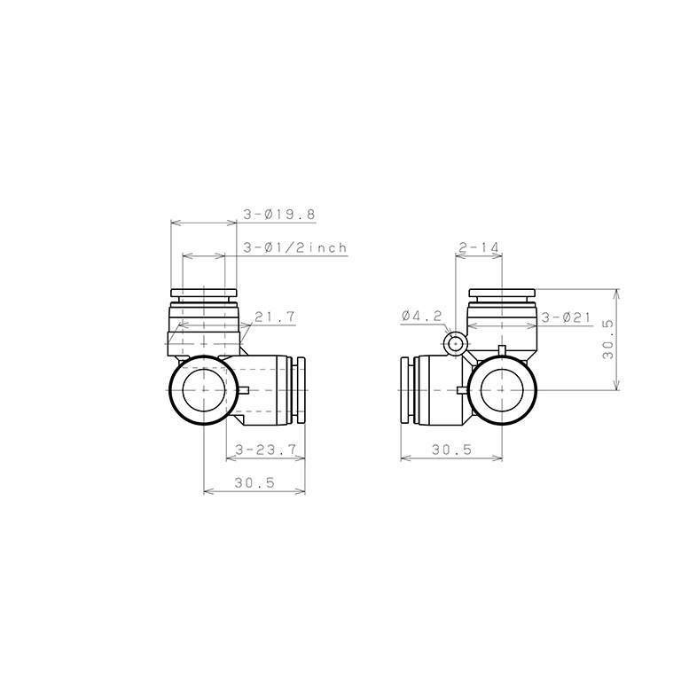 Bản vẽ kỹ thuật Đầu Nối Nhanh Khí Nén Chạc Ba 90° Pisco PVU1/2