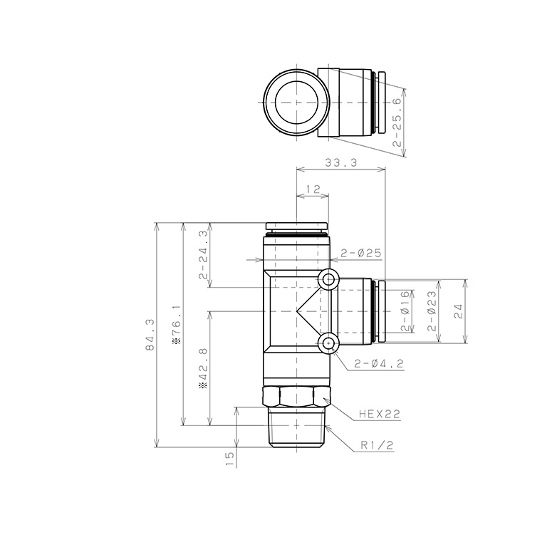 Bản vẽ kỹ thuật Đầu Nối Nhanh Khí Nén Dạng Chữ T Ren Ngoài Pisco PD16-04SUS