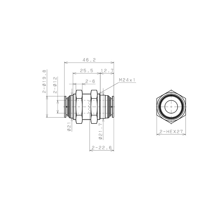 Bản vẽ kỹ thuật Đầu Nối Nhanh Khí Nén Dạng Thẳng Ren Ngoài Lắp Kẹp Vách Pisco KM12-1-F
