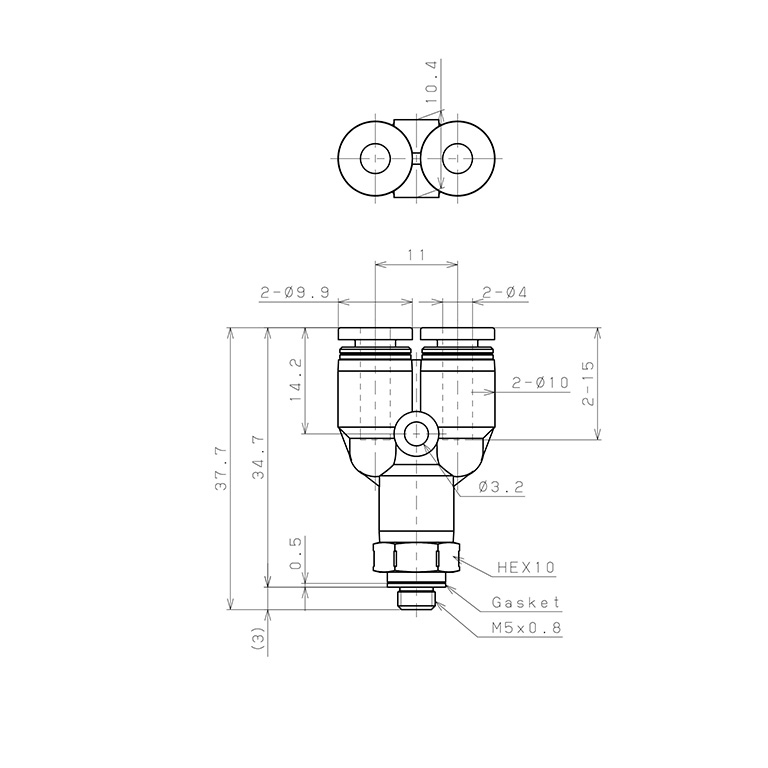 Bản vẽ kỹ thuật Đầu Nối Nhanh Khí Nén Dạng Chữ Y Ren Ngoài Pisco PPX4-M5SUS-F-C