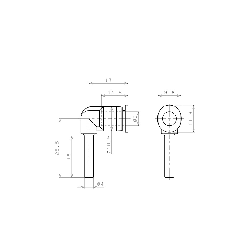 Bản vẽ kỹ thuật Đầu Nối Nhanh Khí Nén Giữa Ống Khí Và Fitting Dạng Nối Giảm Cong 90° Pisco PLGJ4-6MW