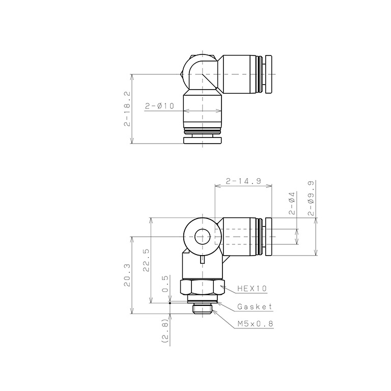 Bản vẽ kỹ thuật Đầu Nối Nhanh Khí Nén Hai Nhánh Chạc Ba Cong 90° Ren Ngoài Pisco PVX4-M5