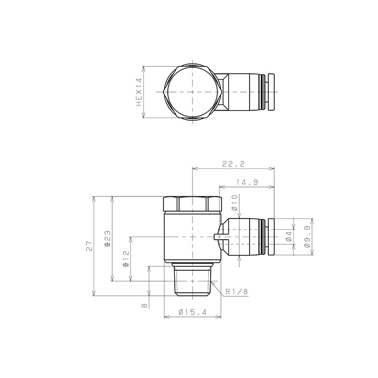 Bản vẽ kỹ thuật Đầu Nối Nhanh Khí Nén Cong 90° Đầu Lục Giác Trụ Ren Ngoài Pisco PH4-01