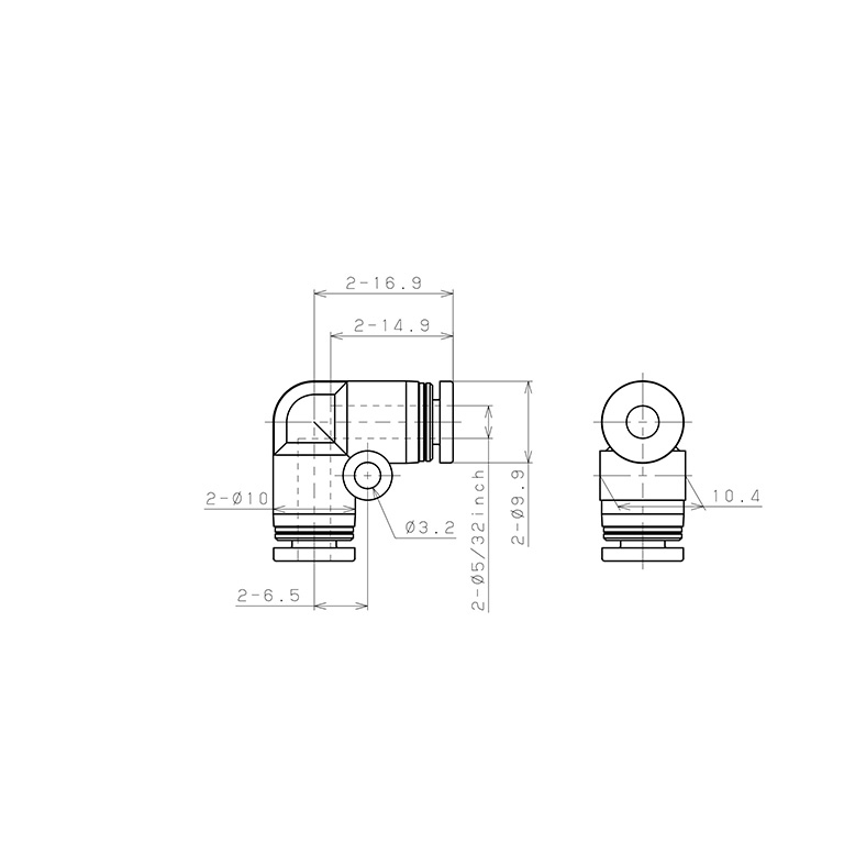 Bản vẽ kỹ thuật Đầu Nối Nhanh Khí Nén Cong 90° Pisco PV5/32-C