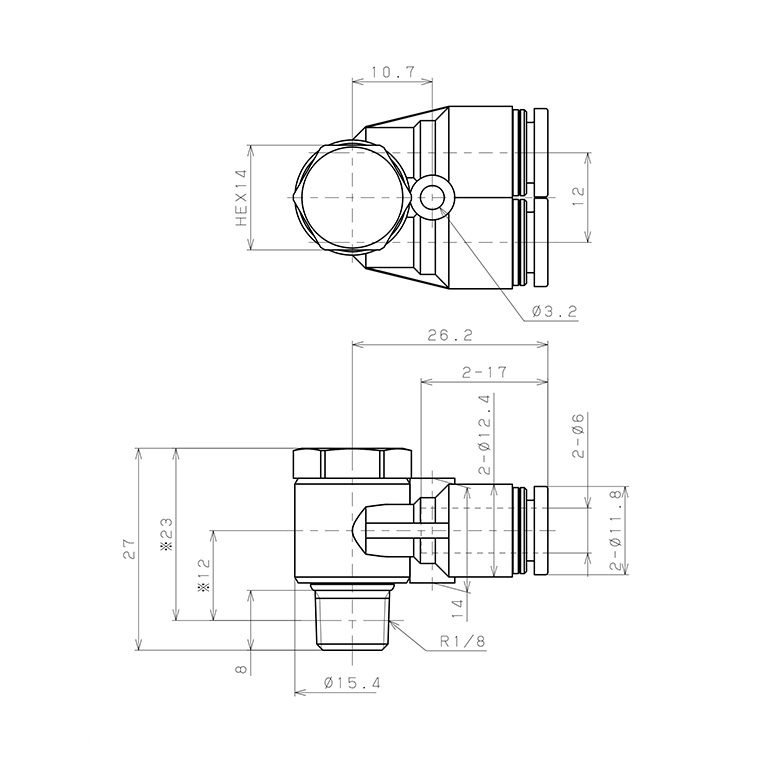 Bản vẽ kỹ thuật Đầu Nối Nhanh Khí Nén Hai Nhánh Cong 90° Đầu Lục Giác Trụ Ren Ngoài Pisco PA6-01-C