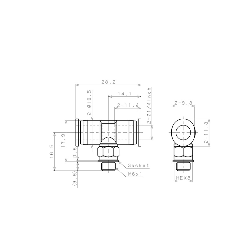 Bản vẽ kỹ thuật Đầu Nối Nhanh Khí Nén Dạng Chữ T Ren Ngoài Pisco PB1/4-M6M