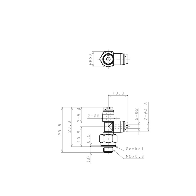 Bản vẽ kỹ thuật Đầu Nối Nhanh Khí Nén Dạng Chữ T Ren Ngoài Pisco PD2-M5MW