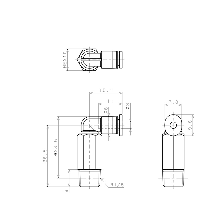 Bản vẽ kỹ thuật Đầu Nối Nhanh Khí Nén Dạng Cong 90° Ren Ngoài (Dài) Pisco PLL3-01M