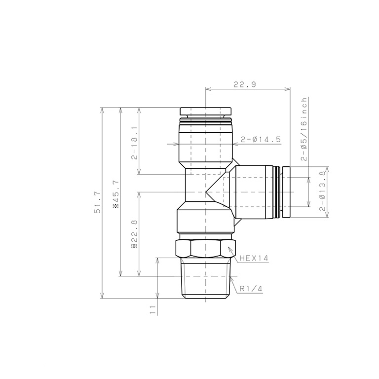 Bản vẽ kỹ thuật Đầu Nối Nhanh Khí Nén Dạng Chữ T Ren Ngoài Pisco PD5/16-02-C