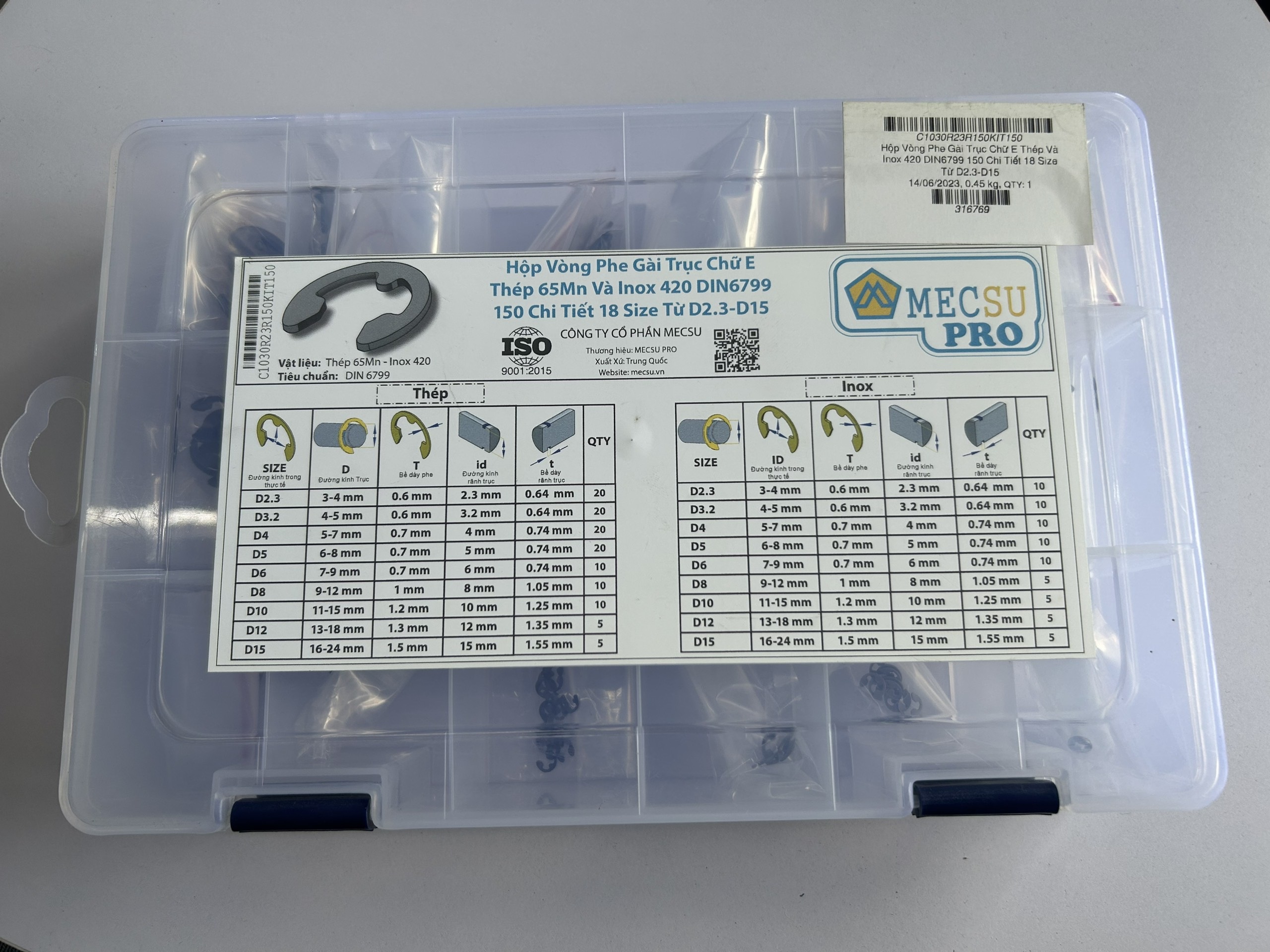 Hộp Vòng Phe Gài Trục Chữ E Thép Và Inox 420 DIN6799 150 Chi Tiết 18 Size Từ D2.3-D15