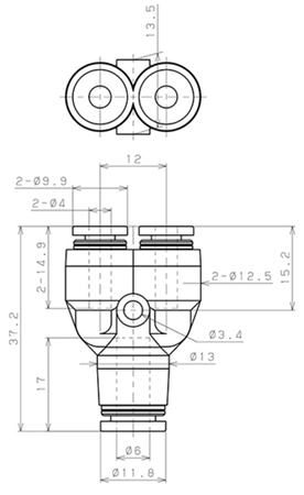 Bản vẽ kỹ thuật Đầu Nối Nhanh Khí Nén Chữ Y Dạng Nối Giảm Pisco PW6-4