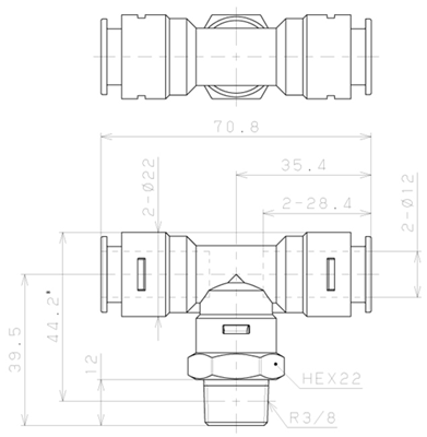 Bản vẽ kỹ thuật Đầu Nối Nhanh Khí Nén Dạng Chữ T Ren Ngoài Pisco APB12-03-N-C