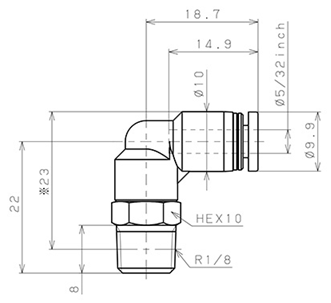 Bản vẽ kỹ thuật Đầu Nối Nhanh Khí Nén Dạng Cong 90° Ren Ngoài Pisco PL5/32-01