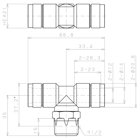 Bản vẽ kỹ thuật Đầu Nối Nhanh Khí Nén Dạng Chữ T Ren Ngoài Pisco KB12-04-F