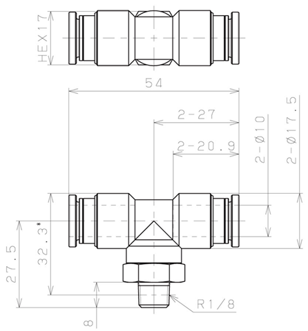 Bản vẽ kỹ thuật Đầu Nối Nhanh Khí Nén Dạng Chữ T Ren Ngoài Pisco KB10-01-1-F