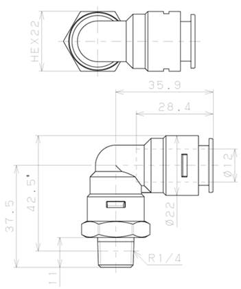 Bản vẽ kỹ thuật Đầu Nối Nhanh Khí Nén Dạng Cong 90° Ren Ngoài Pisco APL12-02-TP