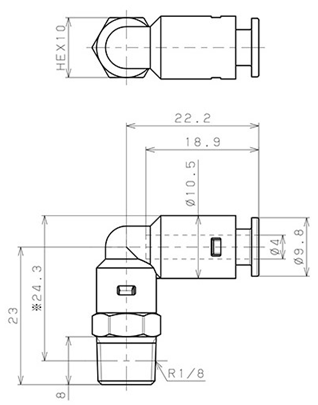 Bản vẽ kỹ thuật Đầu Nối Nhanh Khí Nén Dạng Cong 90° Ren Ngoài Pisco APL4-01-TP