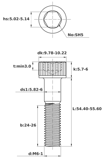 Bản vẽ kỹ thuật Lục Giác Chìm Đầu Trụ Inox 316 DIN912 M6x55 Ren Lửng