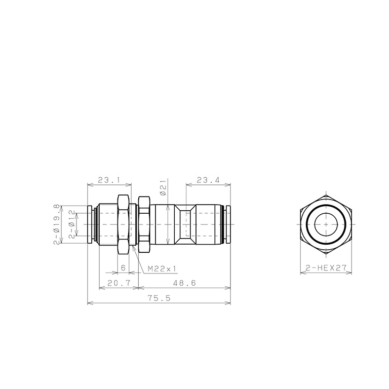 Bản vẽ kỹ thuật Đầu Nối Nhanh Khí Nén Dạng Thẳng Lắp Kẹp Vách Có Van Tự Ngắt Pisco PSM12
