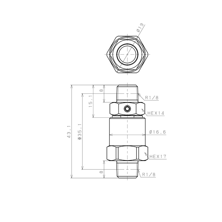 Bản vẽ kỹ thuật Nối Ren Ngoài Thân Lục Giác Có Khớp Xoay Tốc Độ Cao Pisco RHS01-01