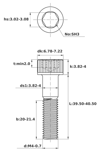 Bản vẽ kỹ thuật Lục Giác Chìm Đầu Trụ Thép Đen 12.9 DIN912 M4x40 Ren Lửng
