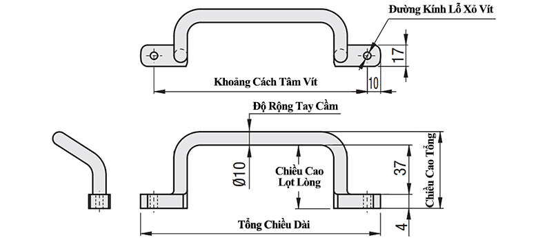 Bản vẽ kỹ thuật Tay Nắm Cửa Chữ U Dạng Offset Thép Black Oxide Phi 10 mm x L 125 mm (UHFSNB125)