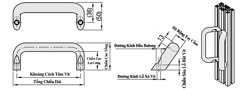 Bản vẽ kỹ thuật Tay Nắm Cửa Chữ U Dạng Offset Hợp Kim Nhôm Sơn Tĩnh Điện Bạc W 20 mm x L 112 mm (HHDNFA112)