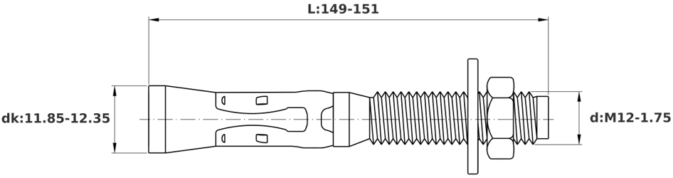 Bản vẽ kỹ thuật Tắc Kê Nở 3 Cánh Thép Mạ Kẽm M12x150