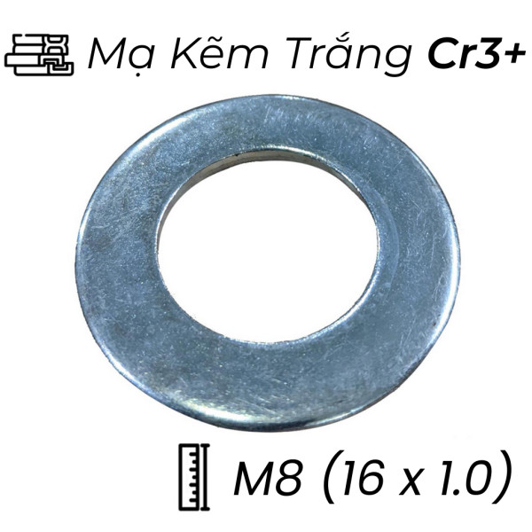 Lông Đền Phẳng Thép Mạ Kẽm Trắng Cr3+ M8 (16x1.0)