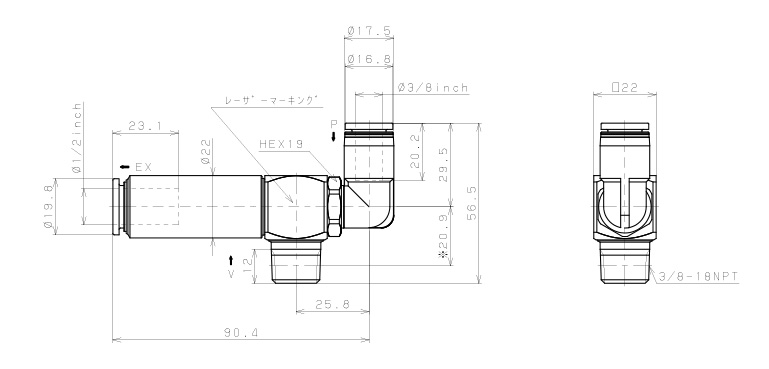 Bản vẽ kỹ thuật Bộ Tạo Chân Không Dòng VM - VC Pisco VCL20-N3-3/8LJ