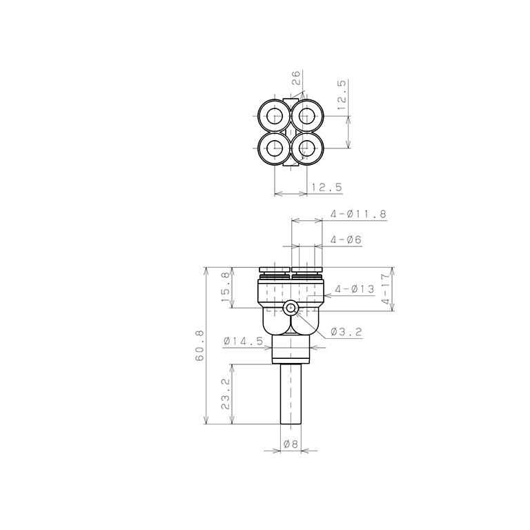 Bản vẽ kỹ thuật Đầu Nối Nhanh Khí Nén Giữa Ống Khí Và Fitting Bốn Nhánh Dạng Chữ Y Pisco PRJ8-6-UC