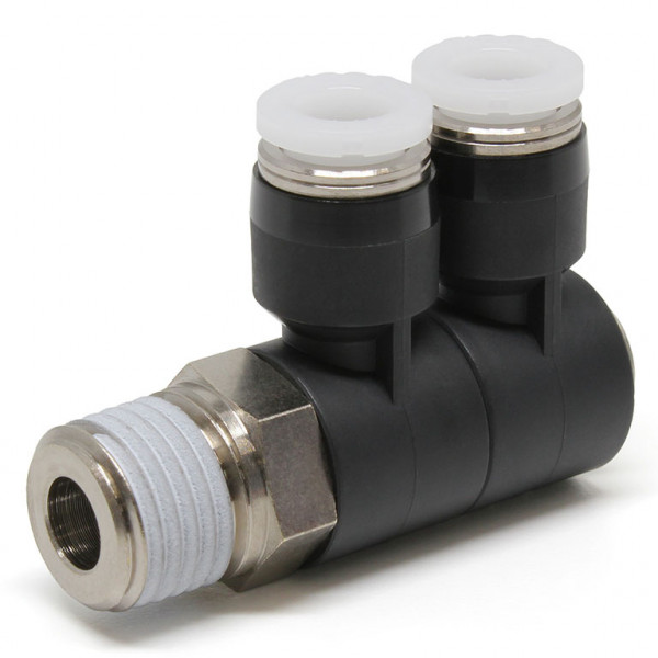 Đầu Nối Nhanh Khí Nén Hai Nhánh Cong 90° Thân Lục Giác Trụ Ren Ngoài Pisco PHW1/4-02-C